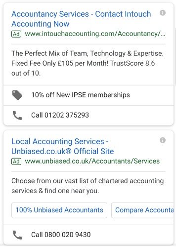 call extensions mobile advert example