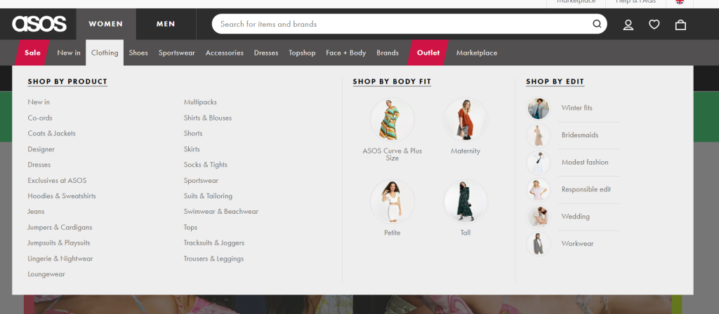 mega menu asos example